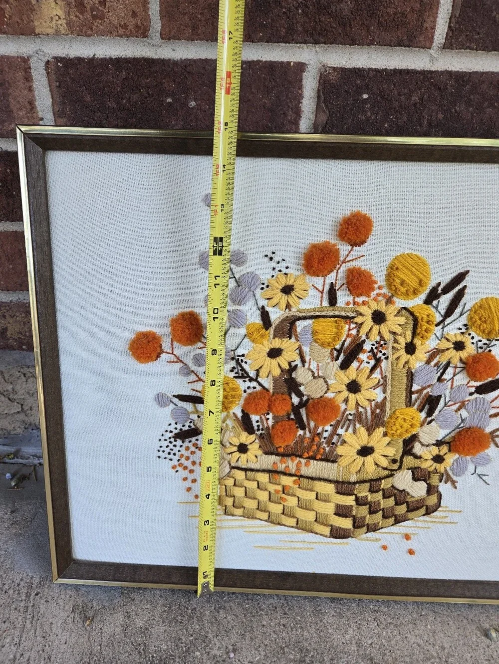 18.5x15 Framed Vintage 70s crewel embroidery wall art piece 